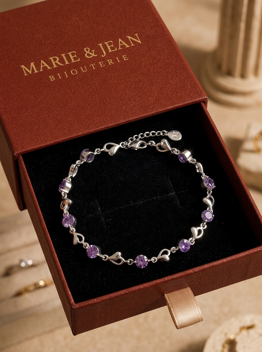Bracelet Breloque Cœur Violet Améthyste | Or Blanc