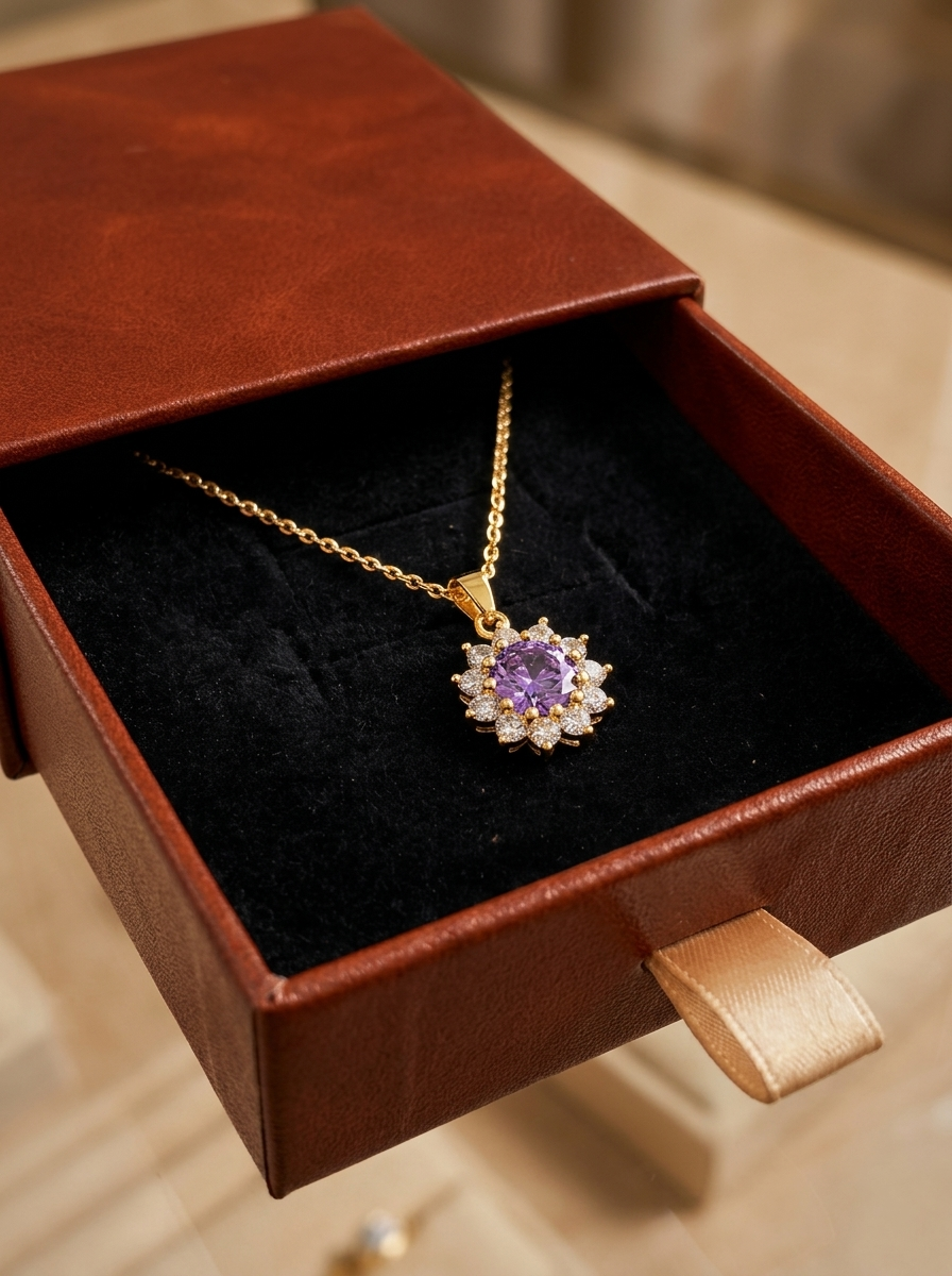 Collier Tournesol Violet Améthyste | Or