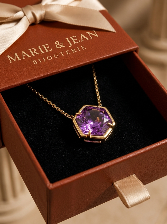 Collier Pendentif Serti Clos Violet Améthyste | Or Rose