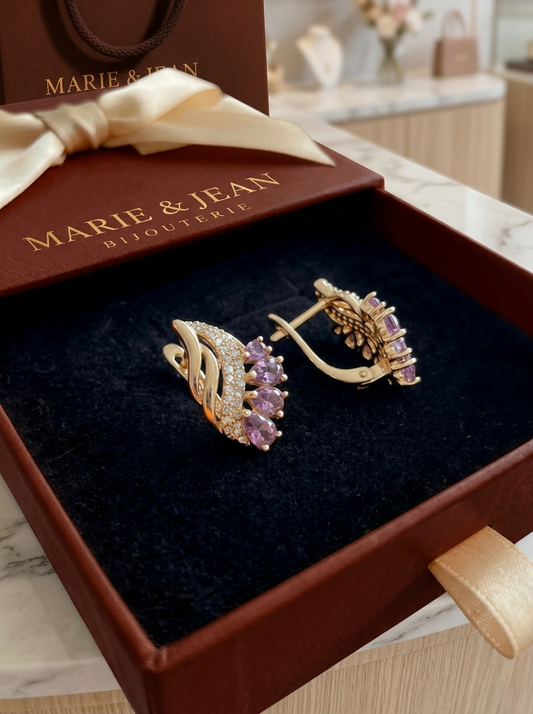 Boucles d'Oreilles Plume Violette Nyvella | Or Rose
