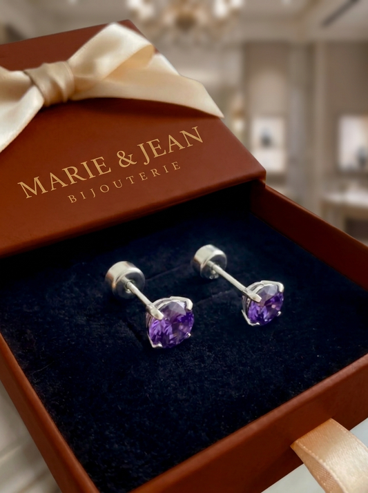 Boucles d'Oreilles Clou Ronde Violet Améthyste | Or Blanc