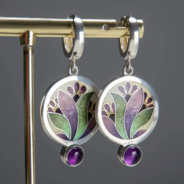 Boucles d'Oreilles Bohème Vintage aux Cristaux Violets | Or Blanc