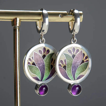 Boucles d'Oreilles Bohème Vintage aux Cristaux Violets | Or Blanc