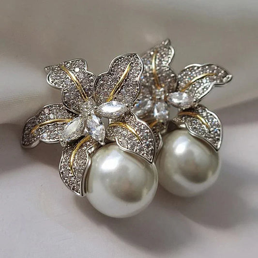 Boucles d'Oreilles Fleur Perle Exquise | Or Blanc