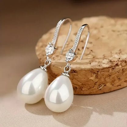 Boucles d'Oreilles Pendantes Perles Brillantes | Or Blanc