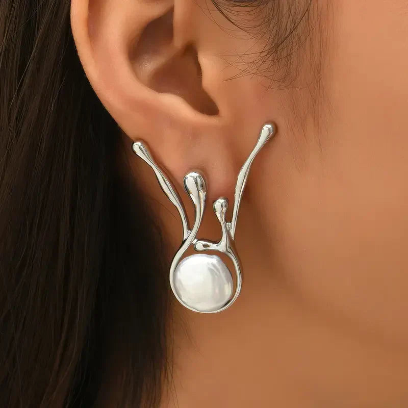 Boucles d'Oreilles Perle Argentée Irrégulière Antique | Or Blanc