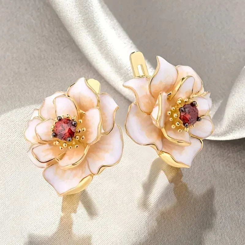 Boucles d'Oreilles Fleur Blanche Zircone Rouge | Or
