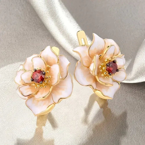 Boucles d'Oreilles Fleur Blanche Zircone Rouge | Or