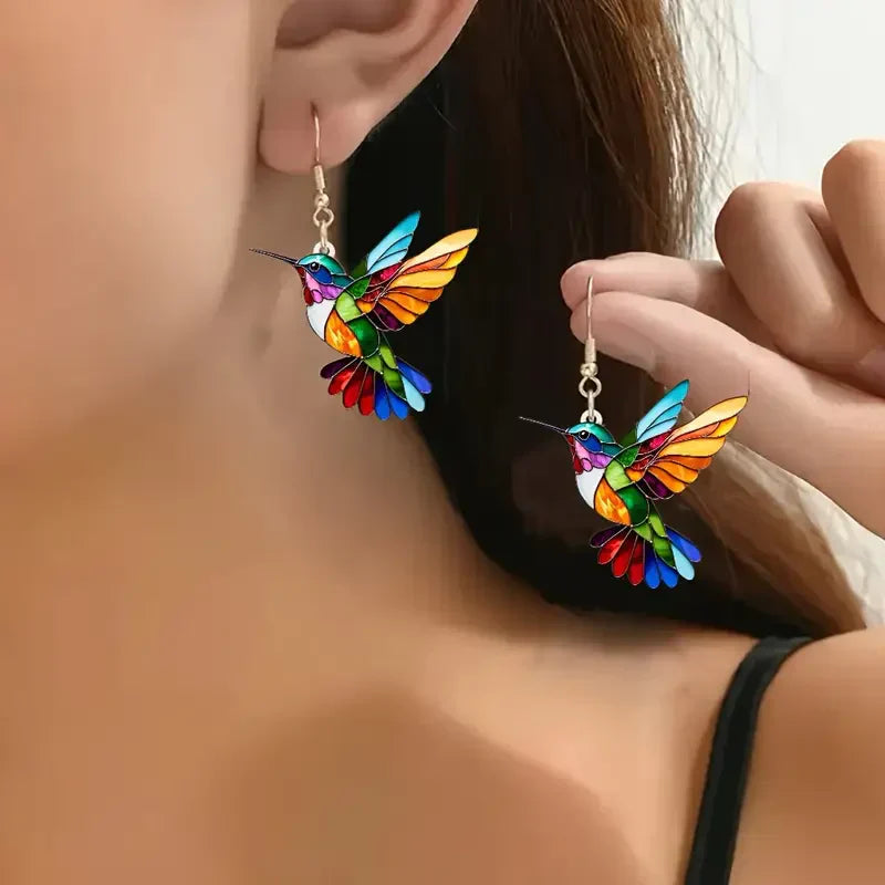 Boucles d'Oreilles Colibri Coloré | Or Blanc