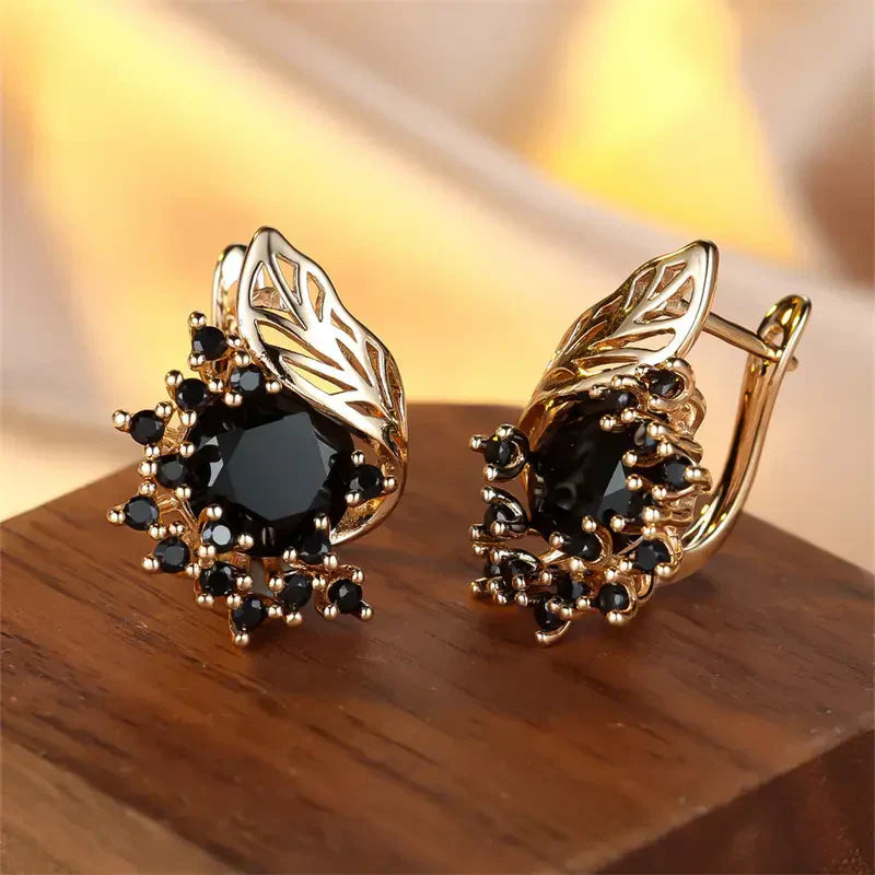 Boucles d'Oreilles Zircone Noire Dorée | Or