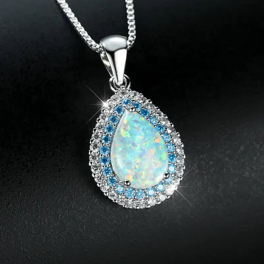 Collier Pendentif Opale Bleue Étincelante | Or Blanc
