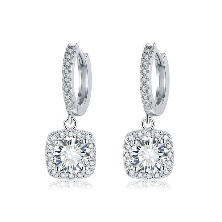 Boucles d'Oreilles Pendantes Halo Carré | Or Blanc