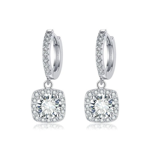 Boucles d'Oreilles Pendantes Halo Carré | Or Blanc