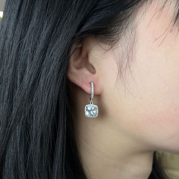 Boucles d'Oreilles Pendantes Halo Carré | Or Blanc
